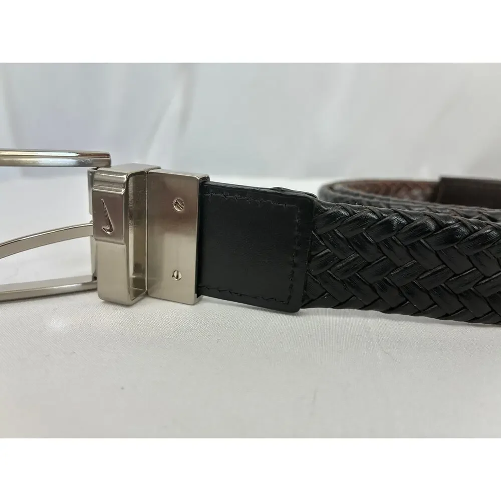 Nike Woven Braided Leather Belt Reversible 36 Brown Black Silver Tone Classic